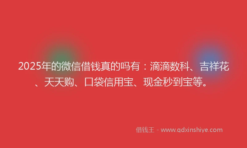 2025年的微信借钱真的吗有：滴滴数科、吉祥花、天天购、口袋信用宝、现金秒到宝等。