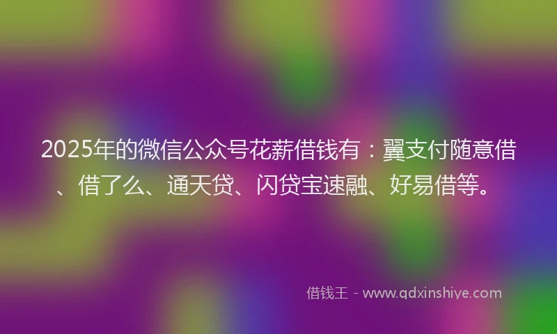 2025年的微信公众号花薪借钱有：翼支付随意借、借了么、通天贷、闪贷宝速融、好易借等。
