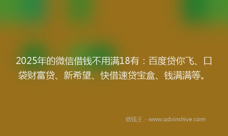 2025年的微信借钱不用满18有：百度贷你飞、口袋财富贷、新希望、快借速贷宝盒、钱满满等。
