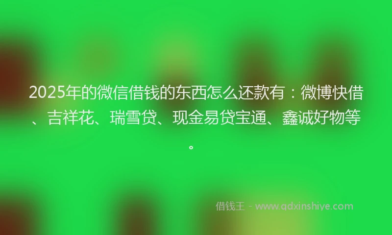 2025年的微信借钱的东西怎么还款有：微博快借、吉祥花、瑞雪贷、现金易贷宝通、鑫诚好物等。