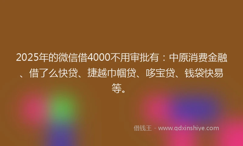 2025年的微信借4000不用审批有：中原消费金融、借了么快贷、捷越巾帼贷、哆宝贷、钱袋快易等。