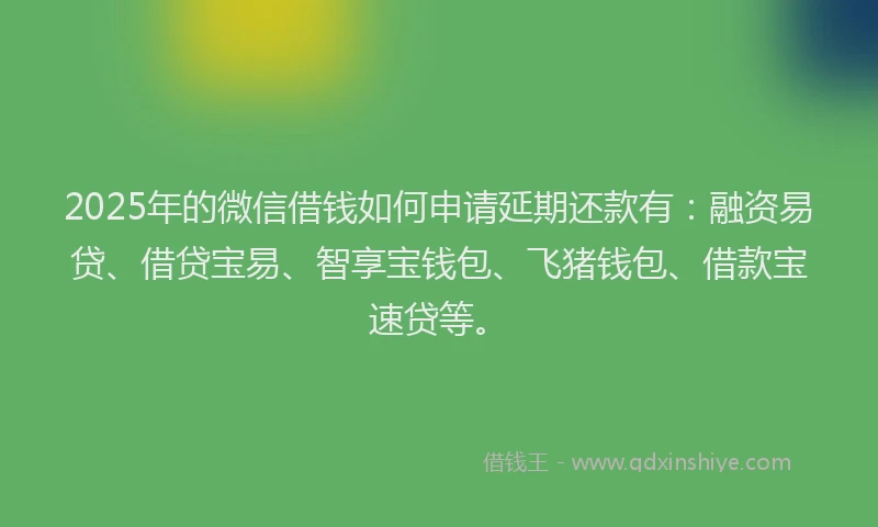 2025年的微信借钱如何申请延期还款有：融资易贷、借贷宝易、智享宝钱包、飞猪钱包、借款宝速贷等。