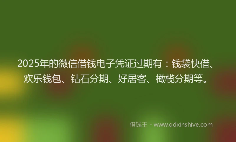 2025年的微信借钱电子凭证过期有：钱袋快借、欢乐钱包、钻石分期、好居客、橄榄分期等。