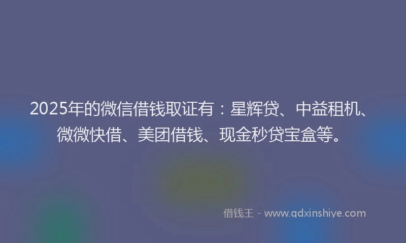 2025年的微信借钱取证有：星辉贷、中益租机、微微快借、美团借钱、现金秒贷宝盒等。