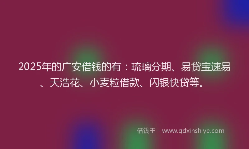 2025年的广安借钱的有：琉璃分期、易贷宝速易、天浩花、小麦粒借款、闪银快贷等。