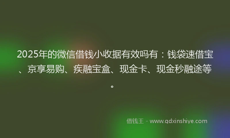 2025年的微信借钱小收据有效吗有：钱袋速借宝、京享易购、疾融宝盒、现金卡、现金秒融途等。