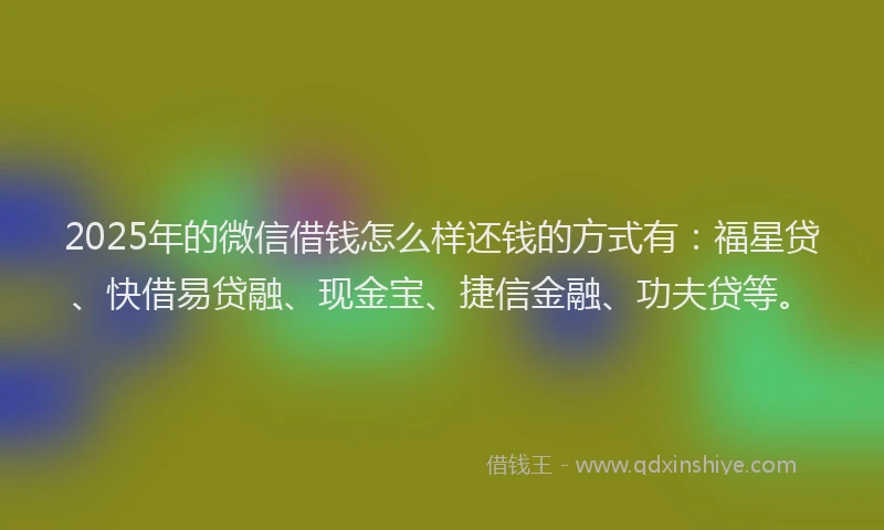 2025年的微信借钱怎么样还钱的方式有：福星贷、快借易贷融、现金宝、捷信金融、功夫贷等。