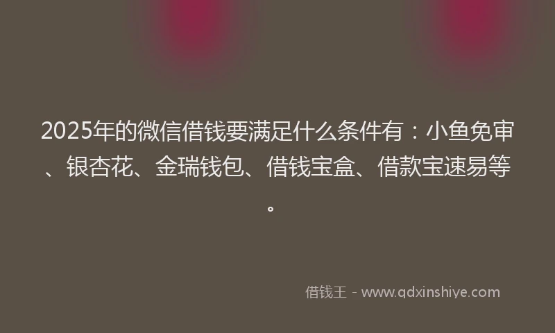 2025年的微信借钱要满足什么条件有:小鱼免审、银杏花、金瑞钱包、借钱宝盒、借款宝速易等。