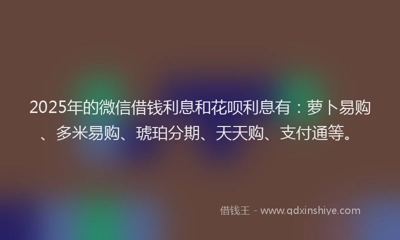 2025年的微信借钱利息和花呗利息有：萝卜易购、多米易购、琥珀分期、天天购、支付通等。