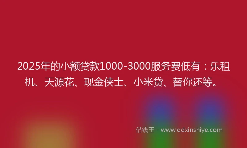 2025年的小额贷款1000-3000服务费低有：乐租机、天源花、现金侠士、小米贷、替你还等。