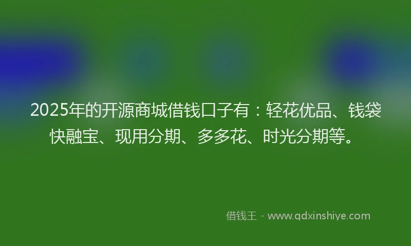 2025年的开源商城借钱口子有：轻花优品、钱袋快融宝、现用分期、多多花、时光分期等。