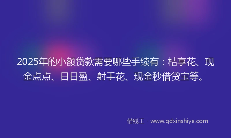 2025年的小额贷款需要哪些手续有：桔享花、现金点点、日日盈、射手花、现金秒借贷宝等。