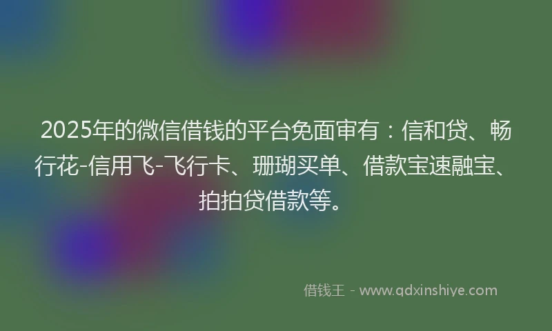 2025年的微信借钱的平台免面审有：信和贷、畅行花-信用飞-飞行卡、珊瑚买单、借款宝速融宝、拍拍贷借款等。