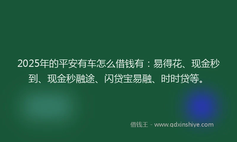 2025年的平安有车怎么借钱有：易得花、现金秒到、现金秒融途、闪贷宝易融、时时贷等。