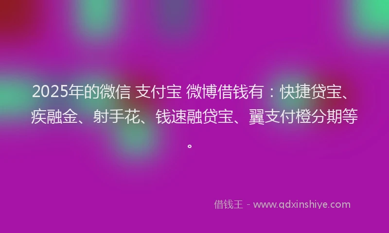 2025年的微信 支付宝 微博借钱有：快捷贷宝、疾融金、射手花、钱速融贷宝、翼支付橙分期等。