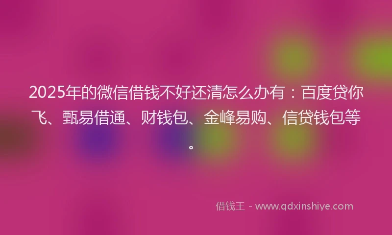 2025年的微信借钱不好还清怎么办有：百度贷你飞、甄易借通、财钱包、金峰易购、信贷钱包等。