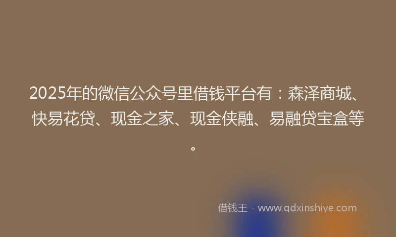 2025年的微信公众号里借钱平台有：森泽商城、快易花贷、现金之家、现金侠融、易融贷宝盒等。