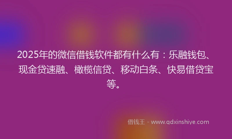 2025年的微信借钱软件都有什么有：乐融钱包、现金贷速融、橄榄信贷、移动白条、快易借贷宝等。