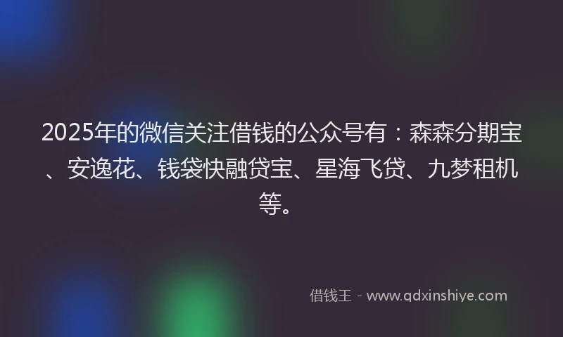 2025年的微信关注借钱的公众号有：森森分期宝、安逸花、钱袋快融贷宝、星海飞贷、九梦租机等。