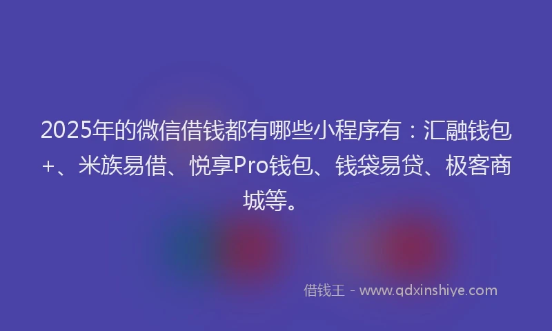 2025年的微信借钱都有哪些小程序有：汇融钱包+、米族易借、悦享Pro钱包、钱袋易贷、极客商城等。
