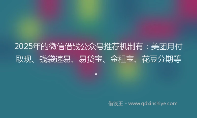 2025年的微信借钱公众号推荐机制有：美团月付取现、钱袋速易、易贷宝、金租宝、花豆分期等。