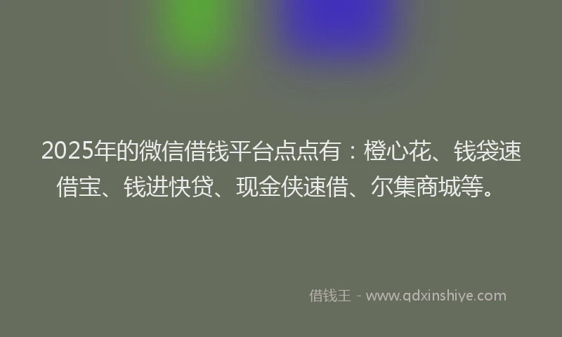 2025年的微信借钱平台点点有：橙心花、钱袋速借宝、钱进快贷、现金侠速借、尔集商城等。