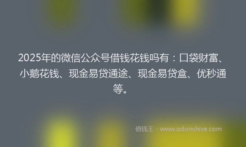 2025年的微信公众号借钱花钱吗有：口袋财富、小鹅花钱、现金易贷通途、现金易贷盒、优秒通等。