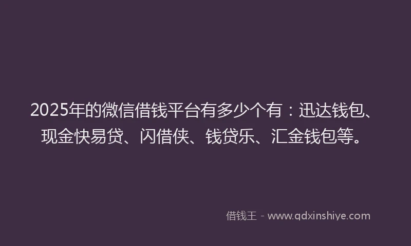 2025年的微信借钱平台有多少个有：迅达钱包、现金快易贷、闪借侠、钱贷乐、汇金钱包等。