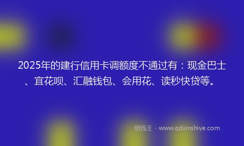 2025年的建行信用卡调额度不通过有：现金巴士、宜花呗、汇融钱包、会用花、读秒快贷等。