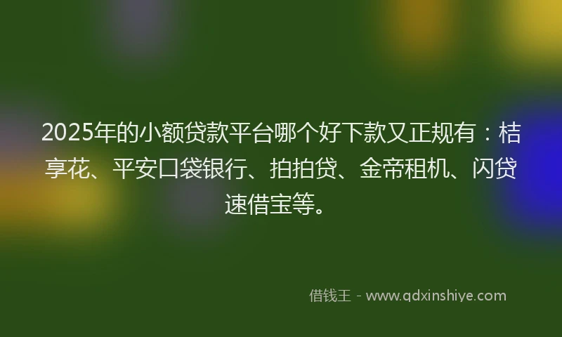 2025年的小额贷款平台哪个好下款又正规有:桔享花、平安口袋银行、拍拍贷、金帝租机、闪贷速借宝等。