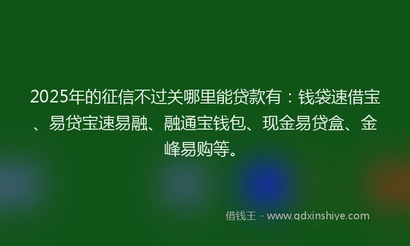 2025年的征信不过关哪里能贷款有：钱袋速借宝、易贷宝速易融、融通宝钱包、现金易贷盒、金峰易购等。