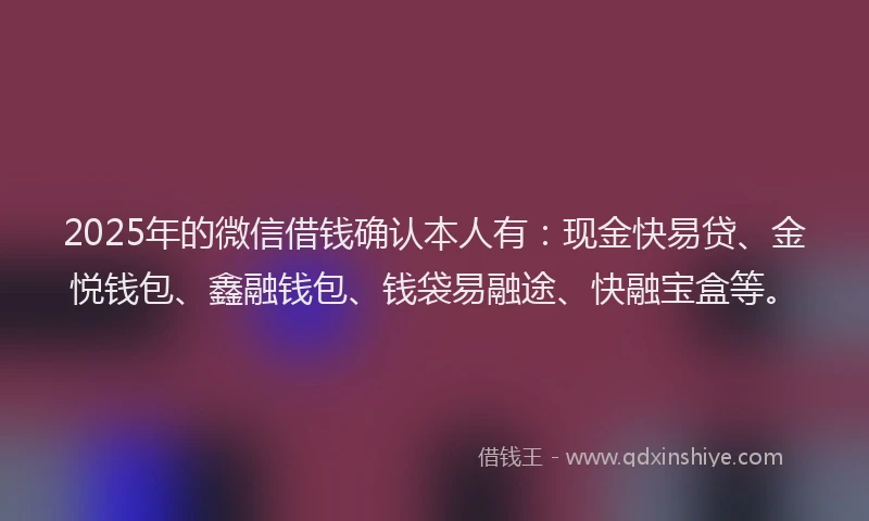 2025年的微信借钱确认本人有：现金快易贷、金悦钱包、鑫融钱包、钱袋易融途、快融宝盒等。