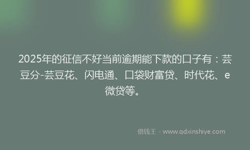 2025年的征信不好当前逾期能下款的口子有：芸豆分-芸豆花、闪电通、口袋财富贷、时代花、e微贷等。