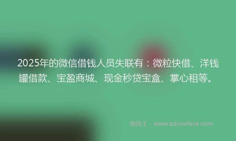 2025年的微信借钱人员失联有：微粒快借、洋钱罐借款、宝盈商城、现金秒贷宝盒、掌心租等。
