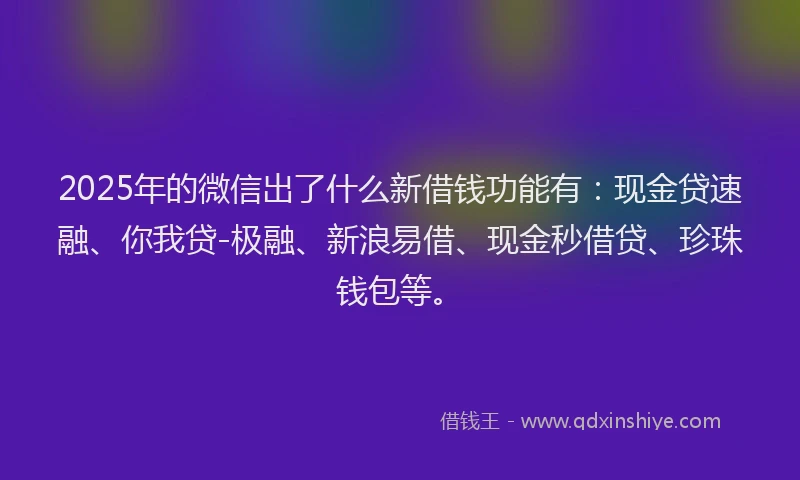 2025年的微信出了什么新借钱功能有：现金贷速融、你我贷-极融、新浪易借、现金秒借贷、珍珠钱包等。