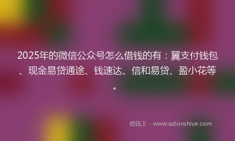 2025年的微信公众号怎么借钱的有：翼支付钱包、现金易贷通途、钱速达、信和易贷、盈小花等。