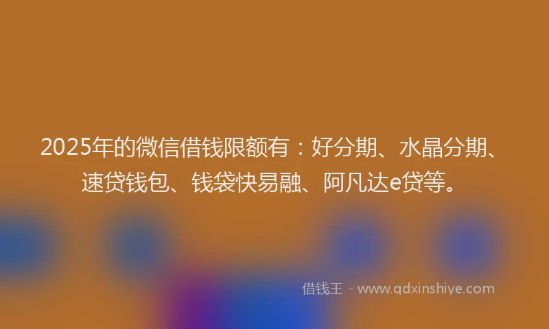 2025年的微信借钱限额有：好分期、水晶分期、速贷钱包、钱袋快易融、阿凡达e贷等。