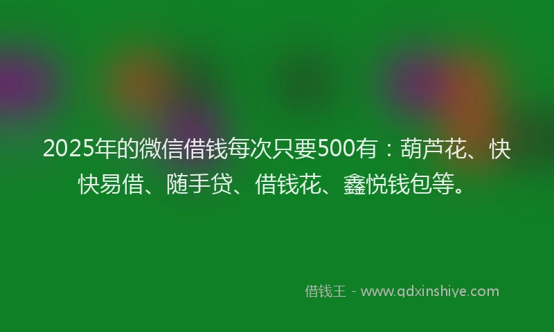 2025年的微信借钱每次只要500有：葫芦花、快快易借、随手贷、借钱花、鑫悦钱包等。