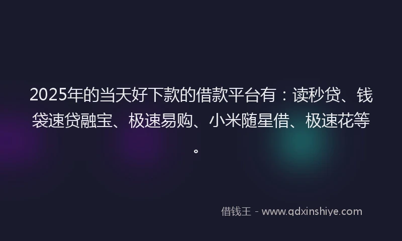 2025年的当天好下款的借款平台有：读秒贷、钱袋速贷融宝、极速易购、小米随星借、极速花等。
