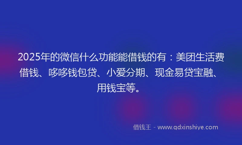 2025年的微信什么功能能借钱的有：美团生活费借钱、哆哆钱包贷、小爱分期、现金易贷宝融、用钱宝等。