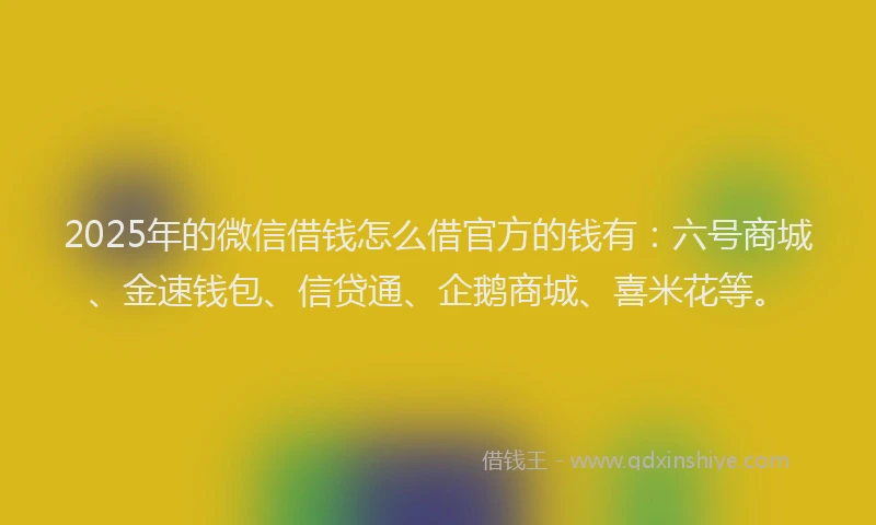 2025年的微信借钱怎么借官方的钱有：六号商城、金速钱包、信贷通、企鹅商城、喜米花等。