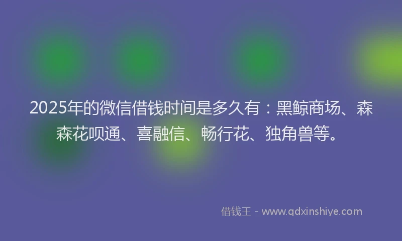 2025年的微信借钱时间是多久有：黑鲸商场、森森花呗通、喜融信、畅行花、独角兽等。