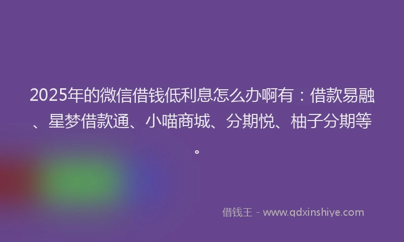 2025年的微信借钱低利息怎么办啊有：借款易融、星梦借款通、小喵商城、分期悦、柚子分期等。