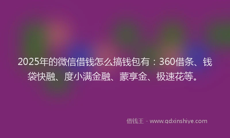 2025年的微信借钱怎么搞钱包有：360借条、钱袋快融、度小满金融、蒙享金、极速花等。