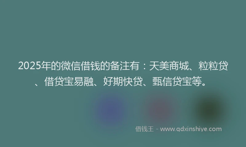 2025年的微信借钱的备注有：天美商城、粒粒贷、借贷宝易融、好期快贷、甄信贷宝等。