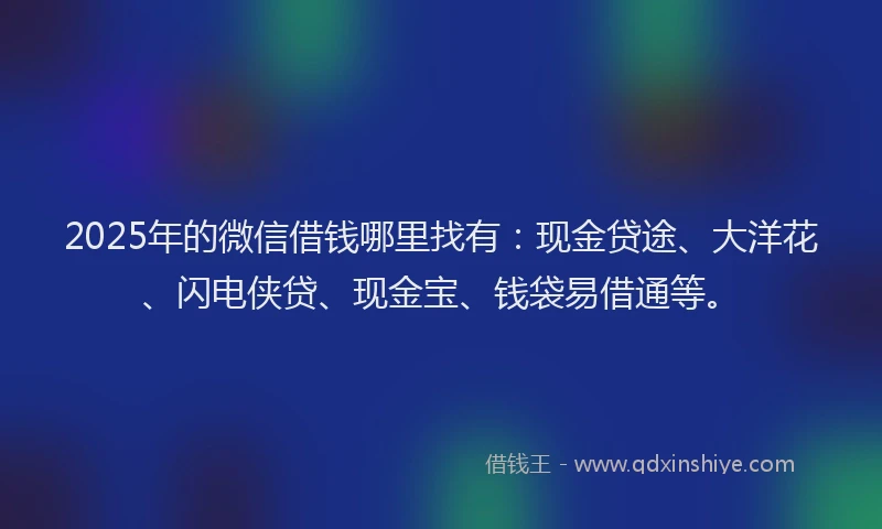 2025年的微信借钱哪里找有：现金贷途、大洋花、闪电侠贷、现金宝、钱袋易借通等。