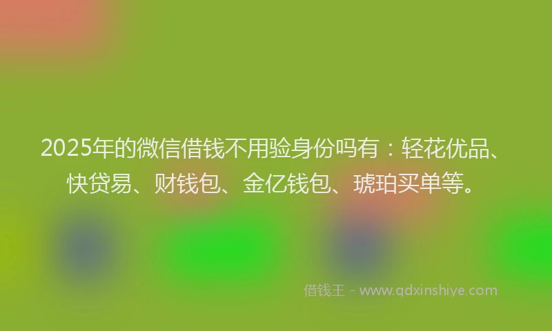 2025年的微信借钱不用验身份吗有：轻花优品、快贷易、财钱包、金亿钱包、琥珀买单等。