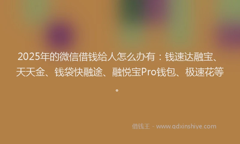 2025年的微信借钱给人怎么办有：钱速达融宝、天天金、钱袋快融途、融悦宝Pro钱包、极速花等。
