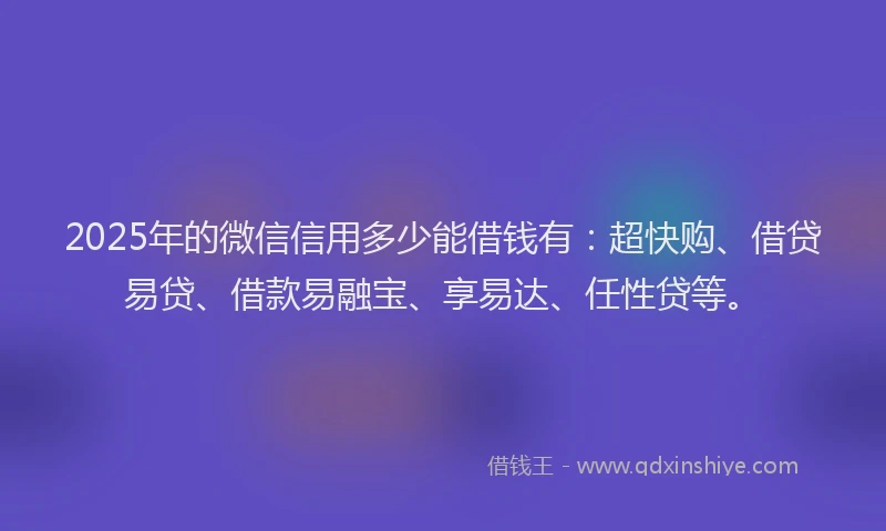 2025年的微信信用多少能借钱有：超快购、借贷易贷、借款易融宝、享易达、任性贷等。