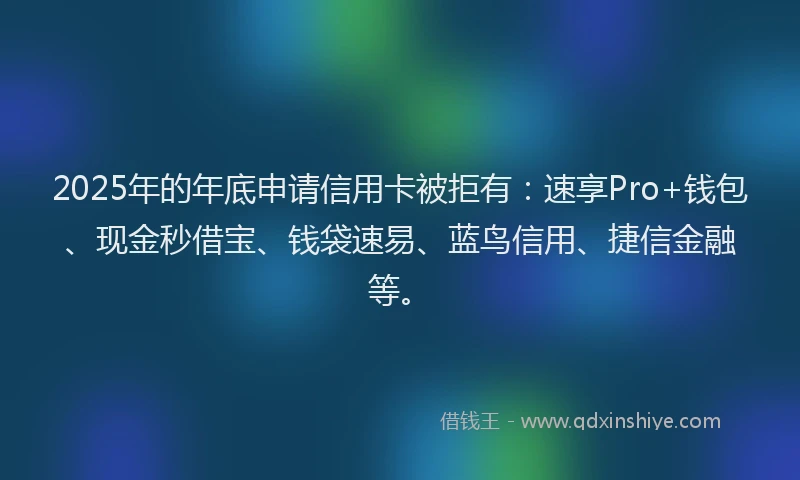 2025年的年底申请信用卡被拒有：速享Pro+钱包、现金秒借宝、钱袋速易、蓝鸟信用、捷信金融等。
